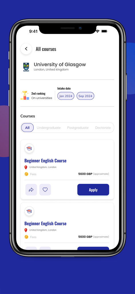 Acceptix app interface showing University of Glasgow course listings with intake dates and application buttons