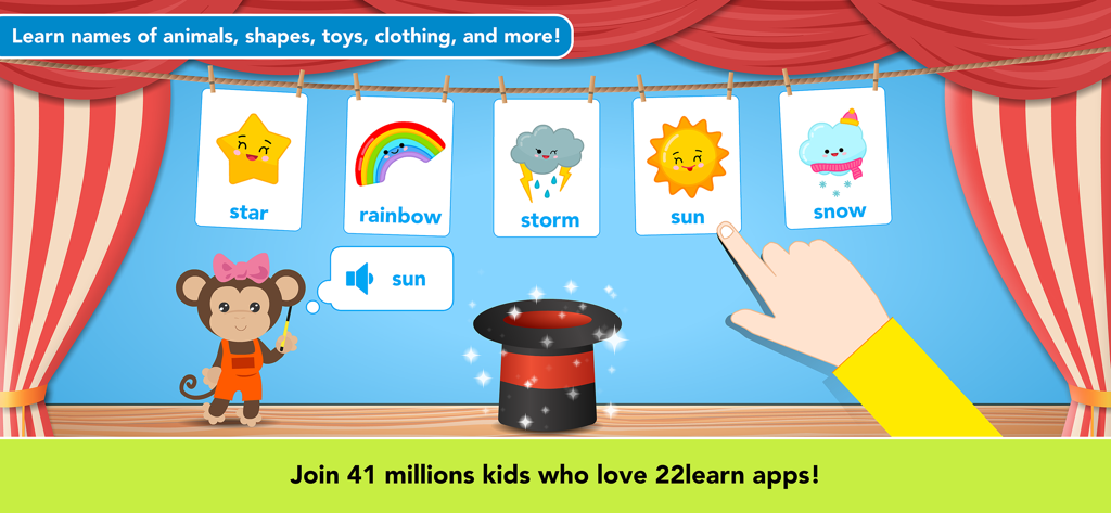 Toddler Games For 2 Year Olds. - Educational app screen showing a child pointing to a sun flashcard alongside other weather elements like rainbow and storm