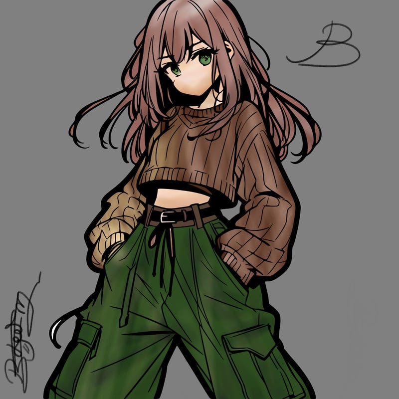 anime teen girl with baggy pants and crop top with sweater