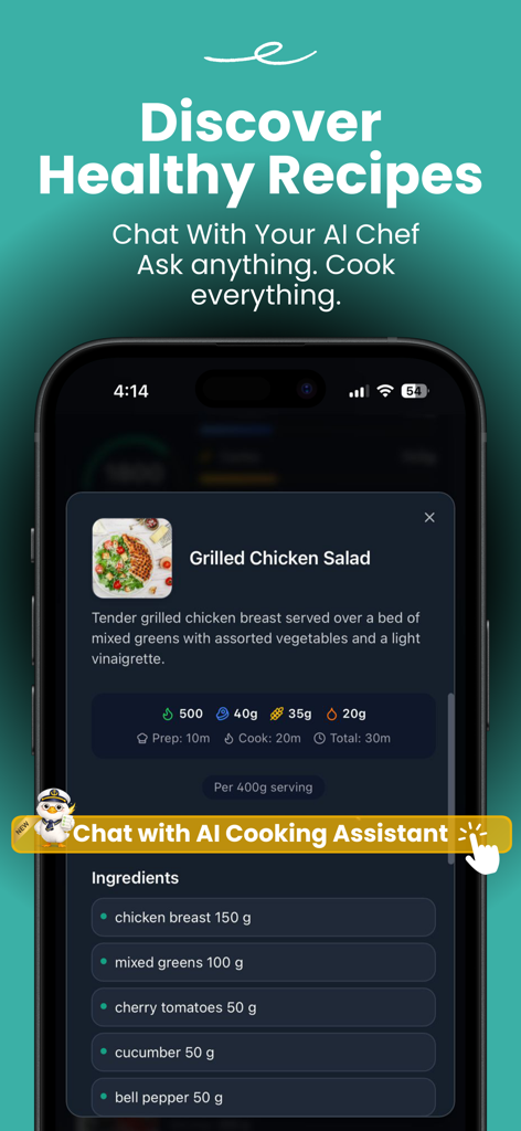 Meal Ark app interface showing a healthy grilled chicken salad recipe with macro tracking and AI cooking assistant