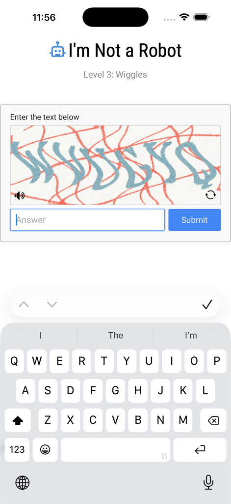 Mobile game screenshot showing a distorted wiggle text captcha puzzle in the Im not a Robot app