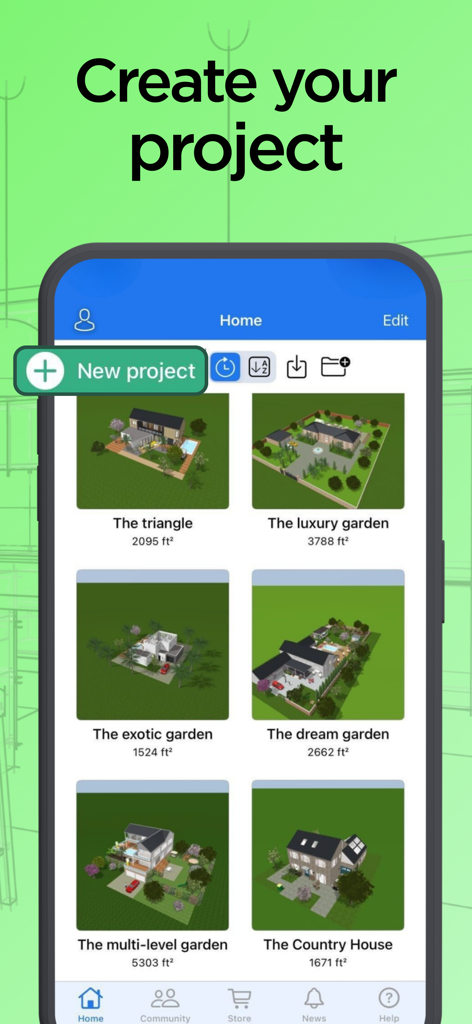Interface do aplicativo Home Design 3D mostrando uma galeria de projetos arquitetônicos e de jardim com um botão de novo projeto