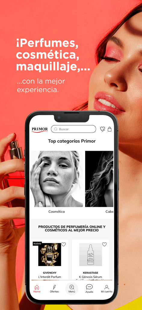 Ecrã inicial da aplicação móvel Perfumerias Primor com produtos de perfumaria e cosmética