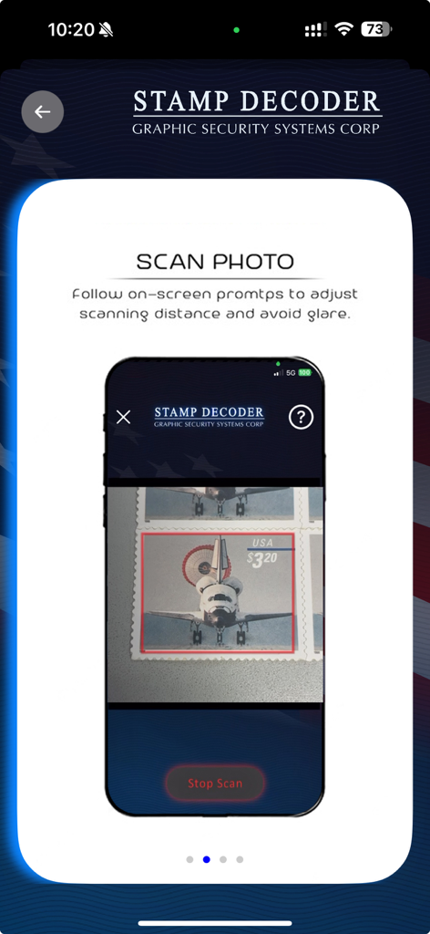Digital Stamp Decoder - Una pantalla de aplicación móvil que muestra instrucciones sobre cómo escanear un sello Shuttle del USPS para revelar imágenes ocultas.