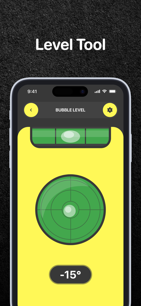 A digital bubble level and circular level tool interface on an iPhone screen