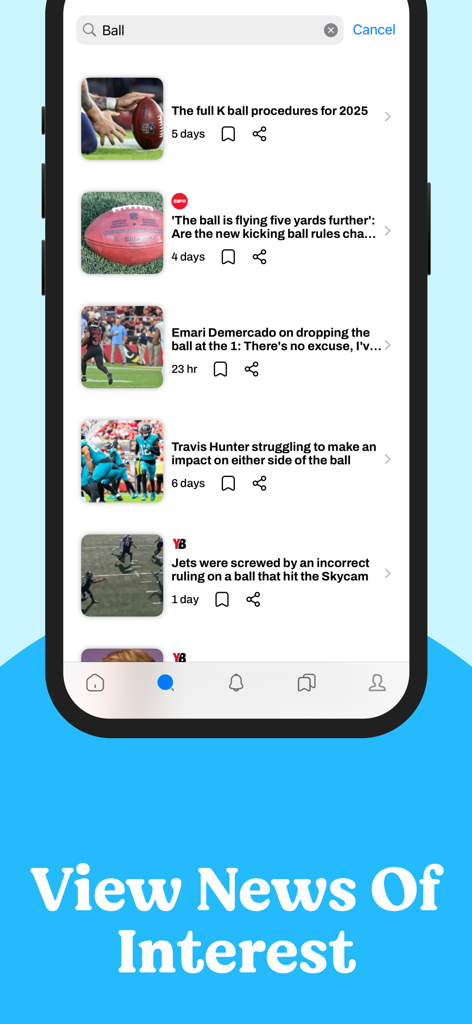 Football Nation News & Scores - Mobile screen showing a search for football news articles within the app