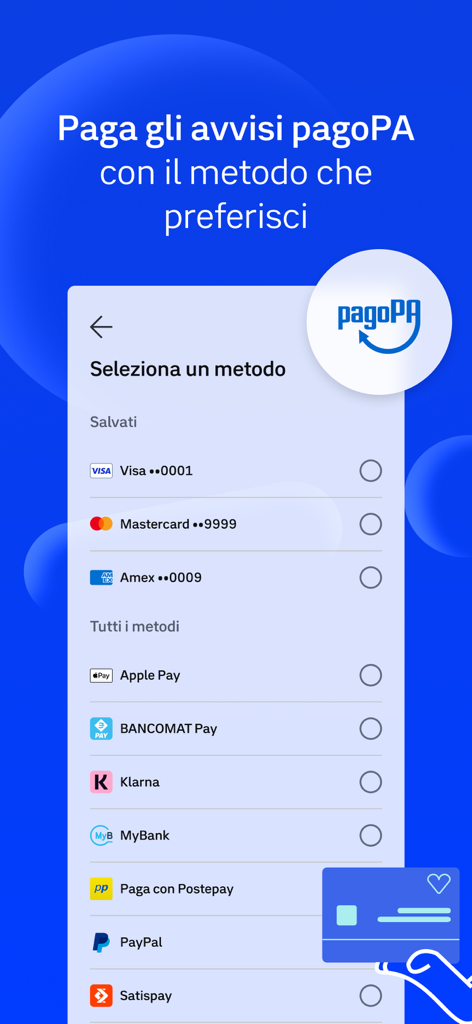 Schermata mobile dell'app IO che mostra una varietà di metodi di pagamento per gli avvisi pagoPA, inclusi Apple Pay e carte di credito