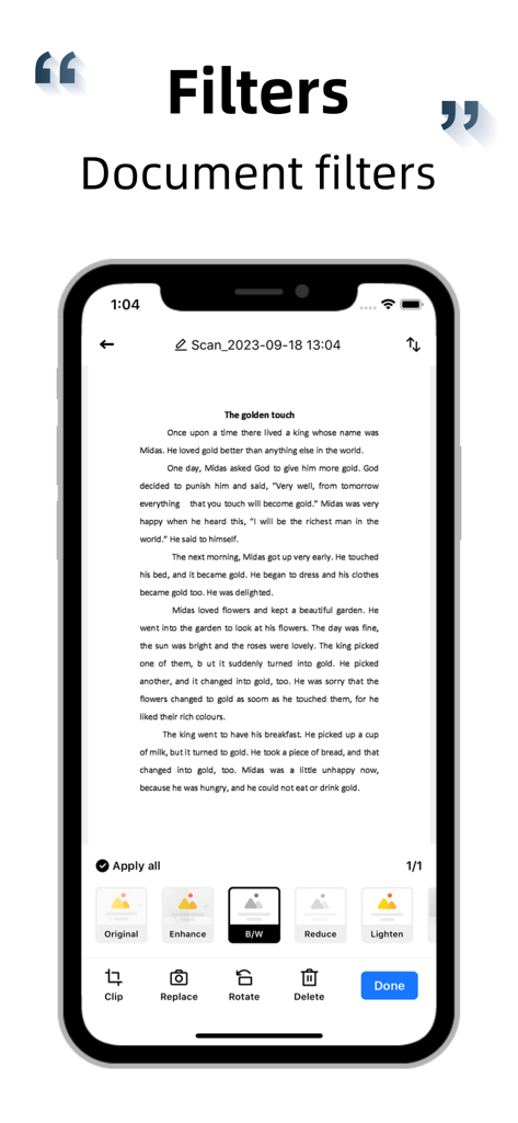Mobile scanner app interface displaying document editing filters like black and white
