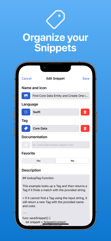 Snippets Studio - Tela móvel mostrando a interface de Edição de Trecho no Snippets Studio com campos para tags e linguagens de programação