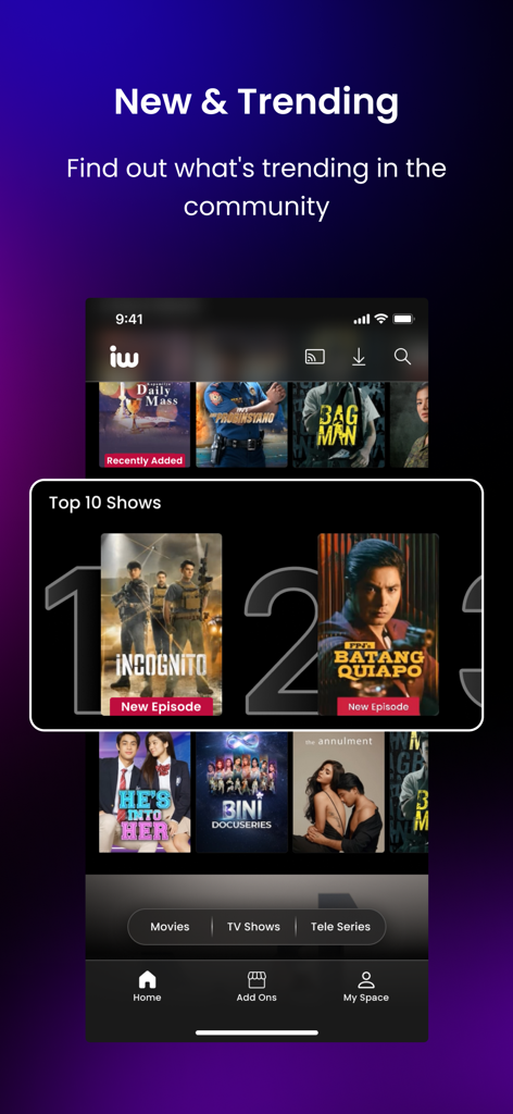 Interface of the iWantTFC app displaying the new and trending section with a list of top 10 Filipino shows.