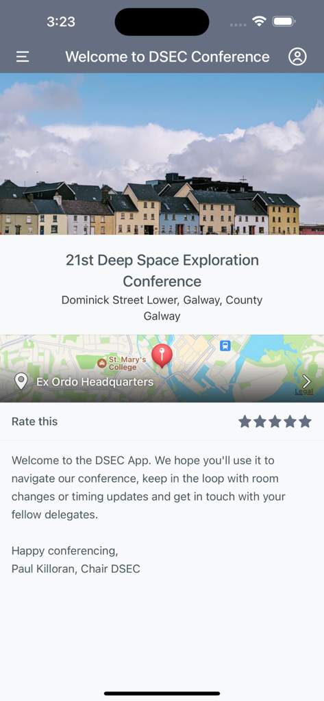 Ex Ordo - Welcome screen of the Ex Ordo app for the Deep Space Exploration Conference.