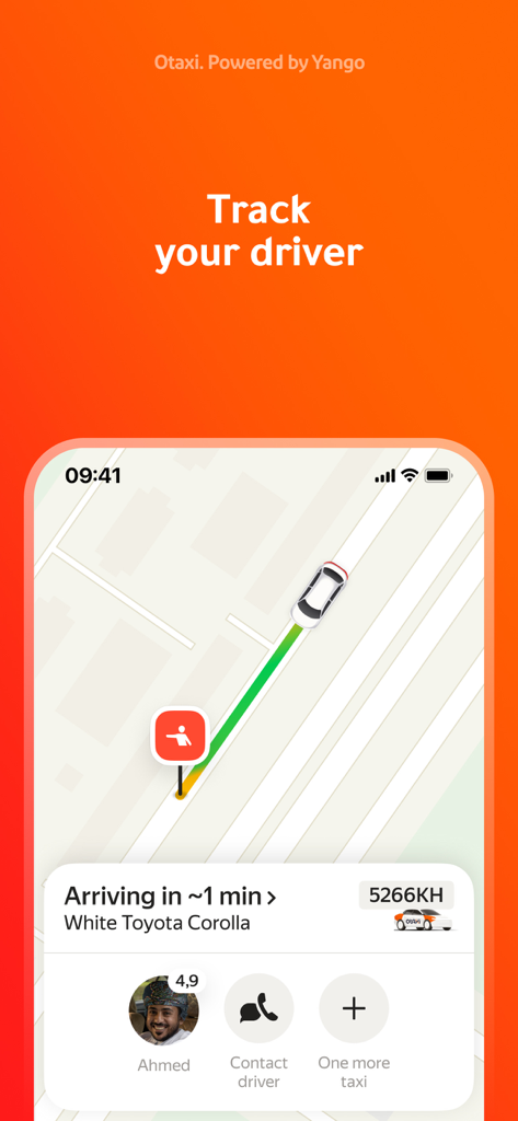 Oman Taxi: Otaxi - Otaxi app interface showing real time driver tracking on a map with estimated arrival time
