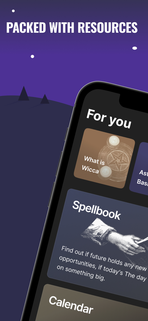 Witchcraft & Wicca Knowledge - Mobile app interface showing the spellbook and resource sections of the Witchcraft and Wicca Knowledge app