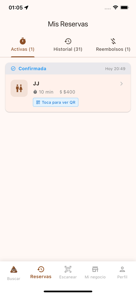 Cagapp - A screenshot of the Cagapp mobile app showing an active restroom reservation with a QR code access button.