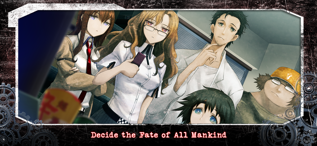 Personajes principales de Steins Gate con el texto Decide el Destino de Toda la Humanidad