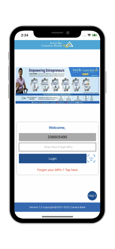 Canara ePassbook app login screen with fields for MPIN and secure biometric authentication.