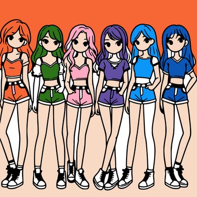 a group of girls wearing crop tops and shorts