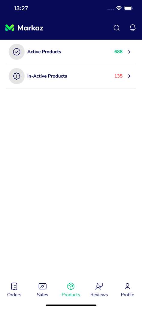 Interface do aplicativo Markaz Fornecedor exibindo contagens de produtos ativos e inativos na seção de inventário.