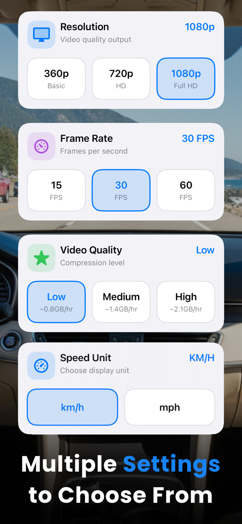 ドライブレコーダーアプリのビデオ解像度、フレームレート、速度単位設定を示すインターフェイス。