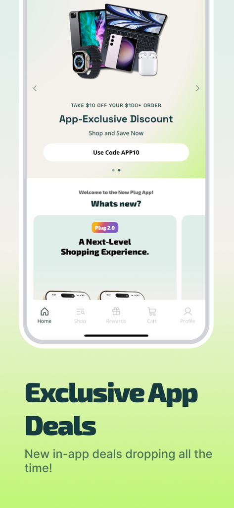 Plug app home screen showcasing exclusive discounts on refurbished tech like iPhones and iPads.