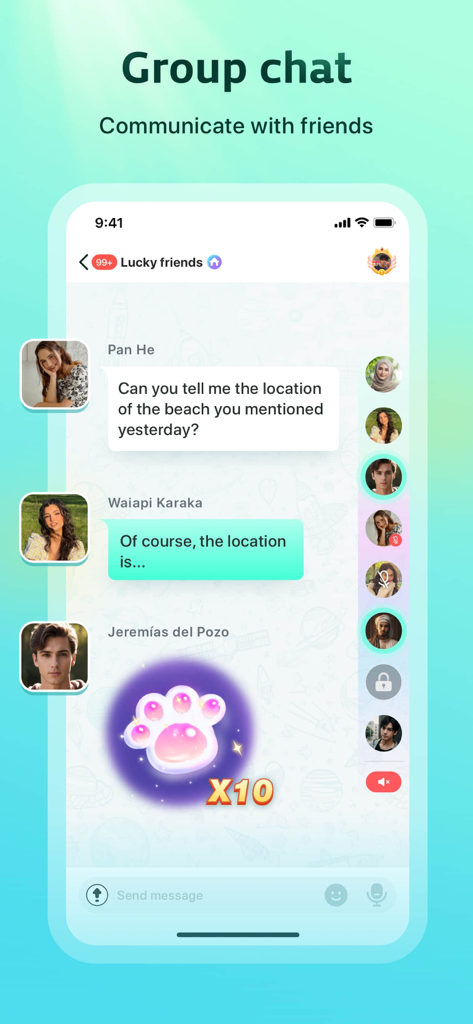 Kito-Chat,Video,Call - Interfaz de chat grupal de la aplicación Kito mostrando mensajes y un regalo virtual