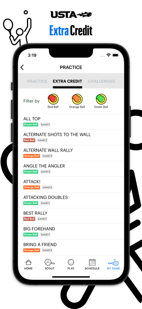 USTA Tennis - A list of tennis drills on the USTA Tennis app Extra Credit practice screen.