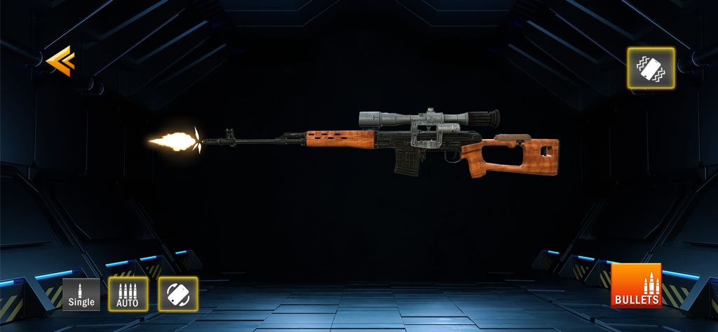 Gun Simulator: Shake to Shoot - Un rifle de francotirador disparando con un brillante destello de cañón en la interfaz de la aplicación Simulador de Armas