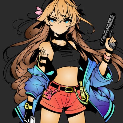 bad girl wearing crop top holding a gun long hair anime