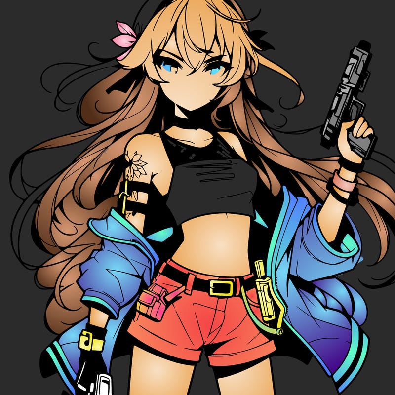 bad girl wearing crop top holding a gun long hair anime