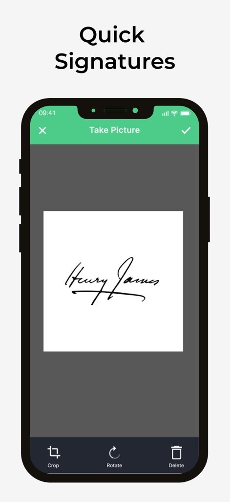 Signature Maker - SignHub - Mobile app interface showing a captured handwritten signature with options to crop and rotate