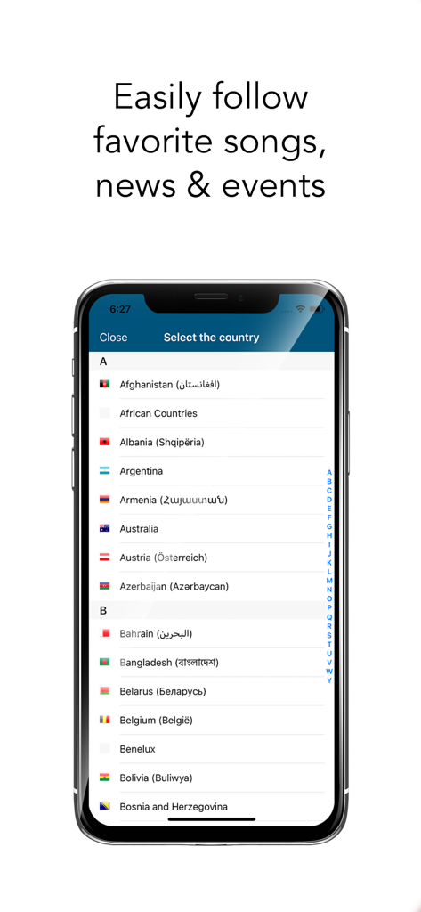 Worldwide radio online - Pantalla de selección de país dentro de la aplicación Radio mundial en línea que muestra una lista alfabética de naciones con sus banderas.
