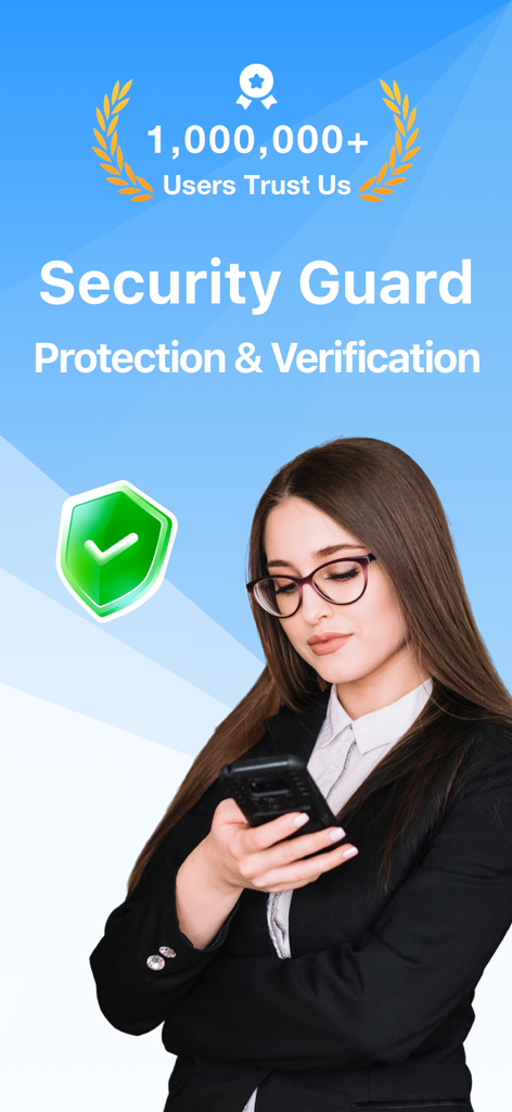 緑色のセキュリティシールドアイコンと100万人以上の信頼バッジを付けてスマートフォンを見つめるプロフェッショナルな女性。