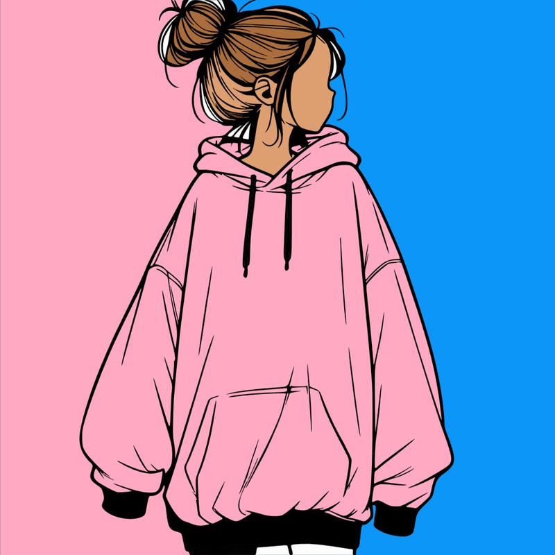 realistic girl with a oversized sweatshirt on and a bun