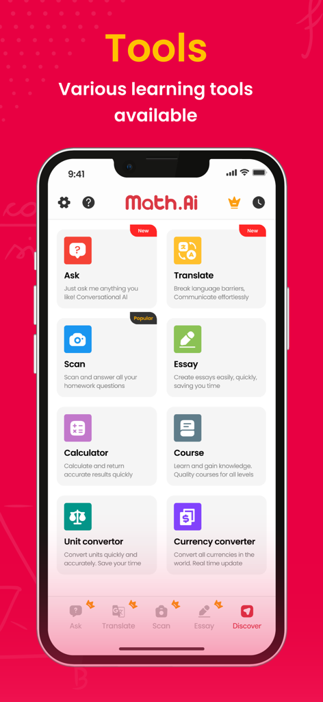 Math.AI - Math Solver - Math.AI app dashboard showing a variety of educational tools including AI scan and solve, translation, and essay writing features.