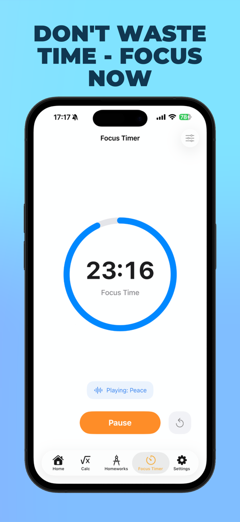 Focus timer interface in the Mathly app showing a circular countdown clock and pause button for student productivity