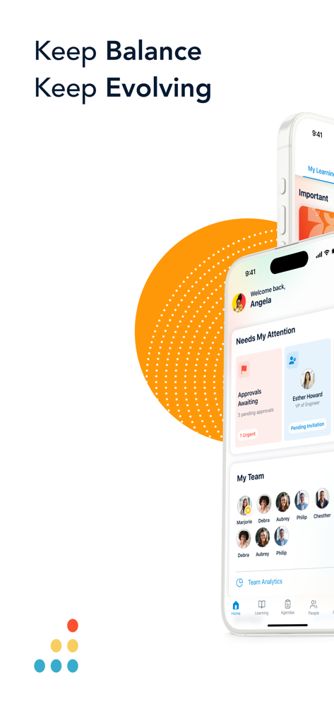 A mobile interface for Bridge LMS showing the employee dashboard and team management features