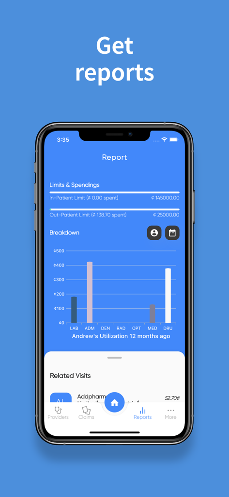 GHIC App - GHIC app interface showing medical spending breakdown and coverage limits