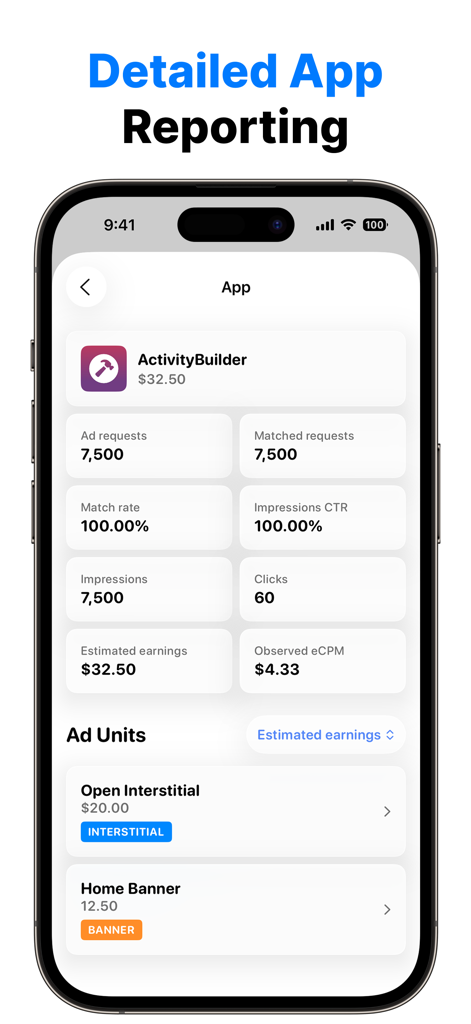 Detaillierte App-Reporting-Oberfläche in AdView zeigt Einnahmen, CTR und Impressionen für eine AdMob-App