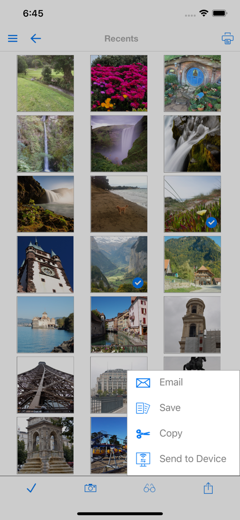 FileCentral App-Oberfläche mit aktuellen Fotos und einem Teilen-Menü