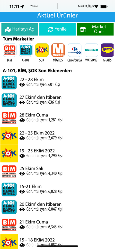 Aktüel Ürünler (Güncel) - Interface d'une application mobile montrant les catalogues de réduction actuels pour les détaillants turcs comme BIM A101 et SOK