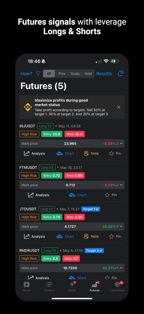 Crypto trading app showing futures signals for long and short positions with entry and stop loss points