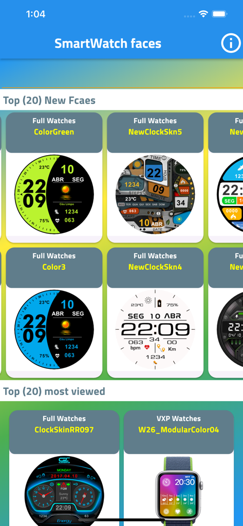 Watch faces for Smart watches - モバイルアプリケーション内のスマートウォッチで利用可能な、さまざまなカラフルで機能的なウォッチフェイスデザインのグリッドビュー