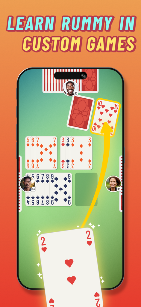 Bildschirm eines Mobiltelefons, der die Funktion „Rummy lernen“ in einem benutzerdefinierten Spiel anzeigt.