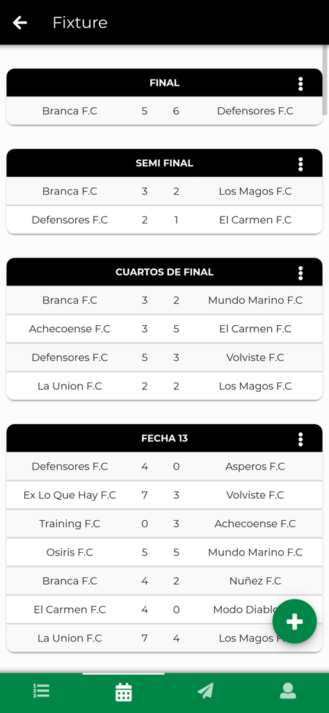 Écran des résultats du calendrier du tournoi montrant les scores finaux et de demi-finale dans l'application Todo Torneos Gestion