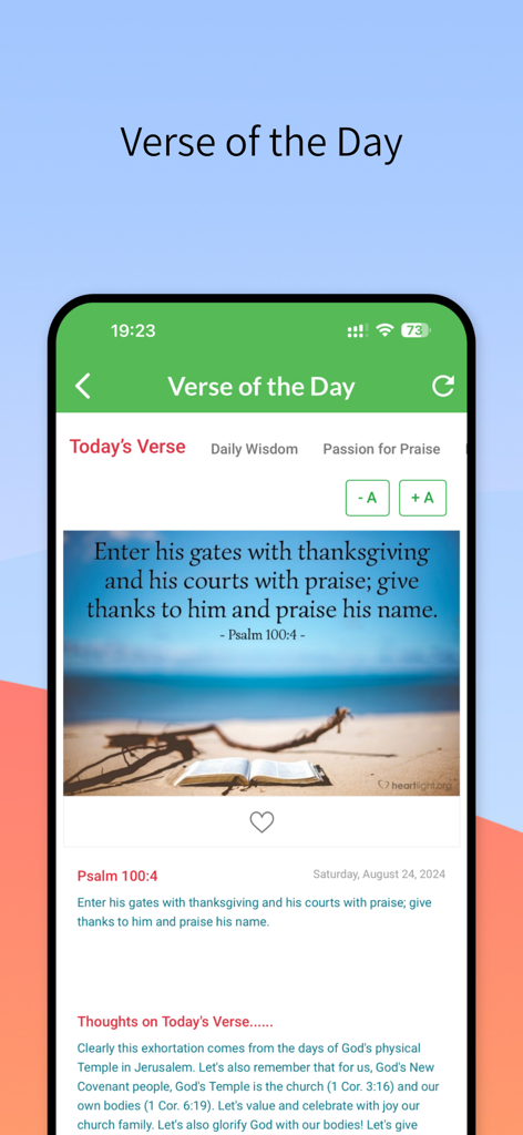 Pantalla de Versículo del Día en la aplicación de la Biblia NKJV que muestra Salmos 100 versículo 4