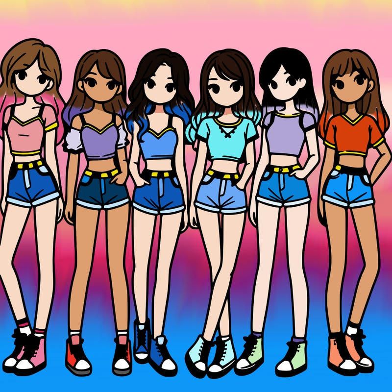 a group of girls wearing crop tops and shorts