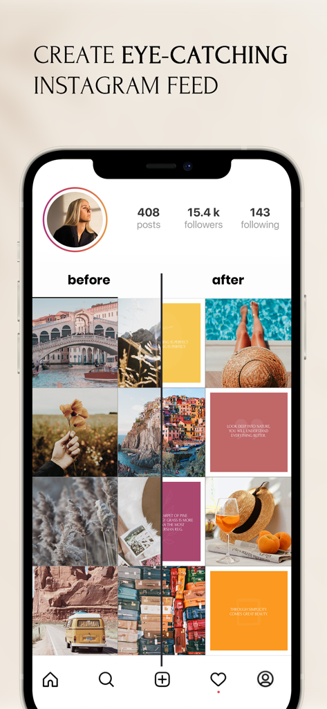 Feeds: Post & Template Maker - Before and after comparison of a professionally designed Instagram grid layout