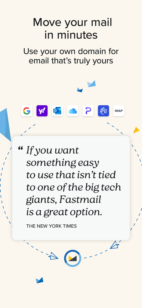 Fastmail – Email & Calendar - Fastmail app screen featuring a New York Times recommendation and information about easy email migration and custom domain support.