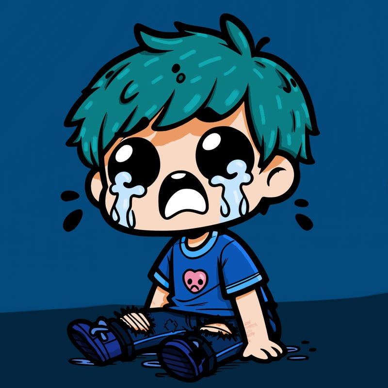 a cute boy with ripped pants and a t-shirt that is crying