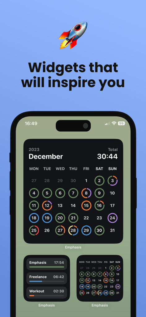 Emphasis: Flow & Focus Timer - Emphasis app iOS widgets displaying a monthly focus tracker and session progress bars on a smartphone screen.